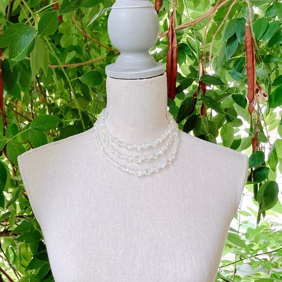 VTG Mid Century AB Crystal Triple Strand Necklace Aurora Borealis 1950s Bridal - Picture 4 of 12